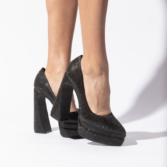 Black Sparkly Closed Toe Statement Platform Block Heels - Picture 3 of 4